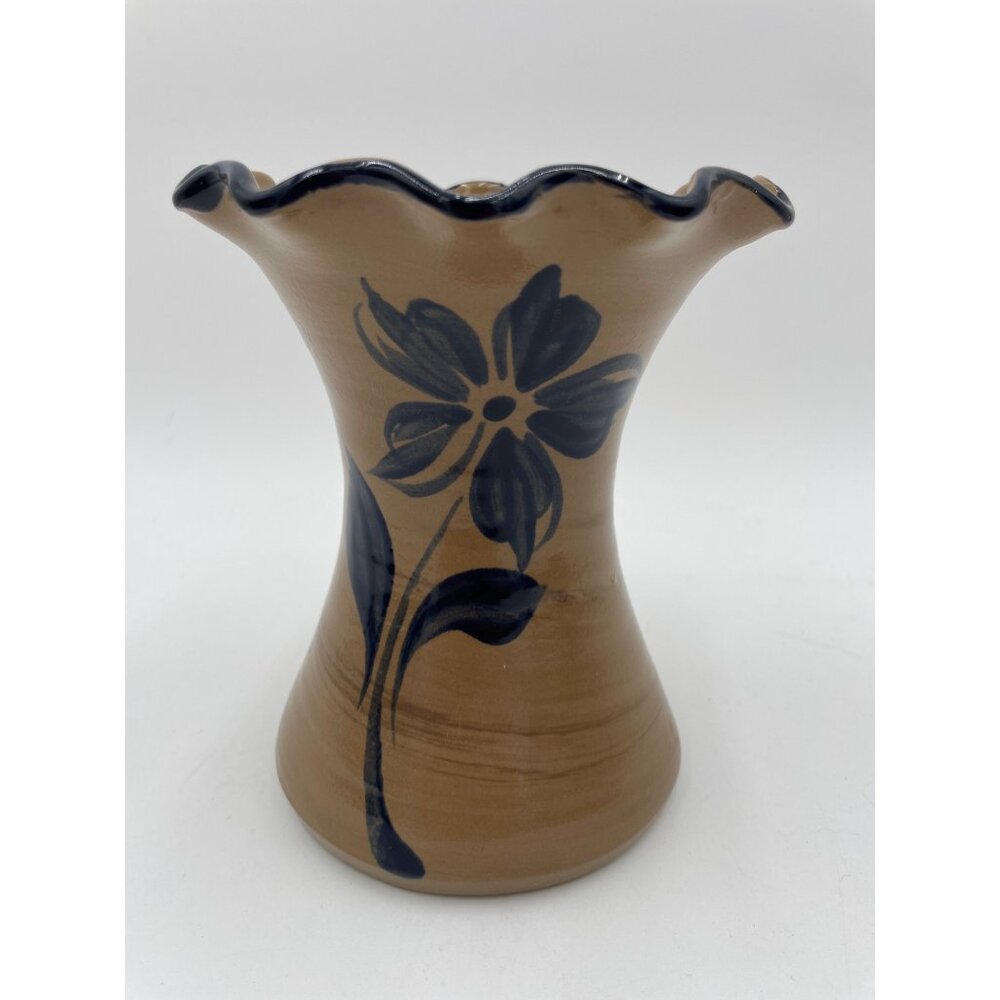 Vintage 1999 Williamsburg Pottery Vase Brown & Blue Floral Design 6" Tall